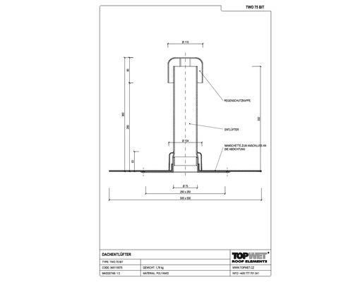 TopWet Dachentlüfter mit integrierter Bitumen-Manschette NW 75 mm H = 300 mm