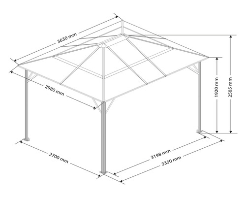 Technische Zeichnung eines Pavillons mit Maßangaben