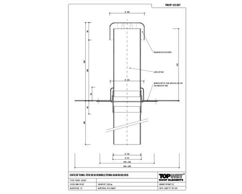 TopWet Kanalisationsentlüftung mit integrierte Bitumen-Manschette inkl Regenschutzklappe NW 125 mm H = 332 mm