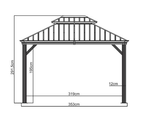 Technische Zeichnung eines Pavillons mit Höhen- und Breitenangaben