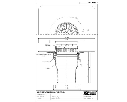 TopWet Terrassengully senkrecht mit integrierter beheizbarer PVC-Manschette NW 110 mm H = 182 mm