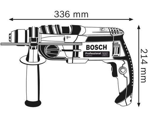 Perceuse à percussion professionnelle Bosch GSB 20-2 avec des dimensions de 336 mm de longueur et 214 mm de hauteur.