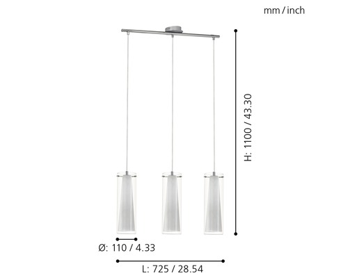 Technische Zeichnung einer Pendelleuchte mit drei Leuchten und Maßangaben.