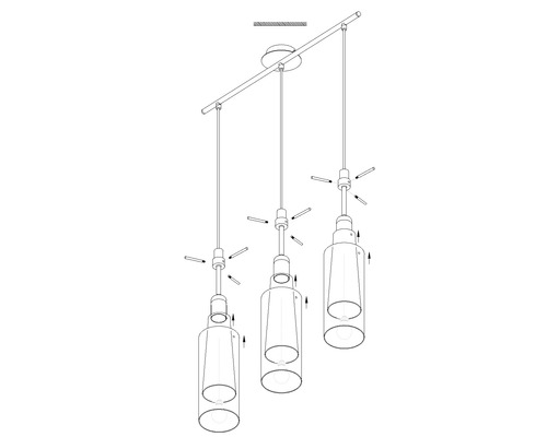 Zeichnung einer Pendelleuchte mit drei Lampen und Montageanleitung