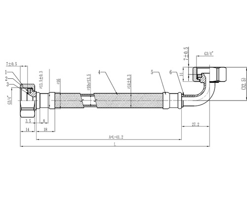 Schéma technique d''un tuyau flexible avec raccords G3/4 pouce et indications de dimensions