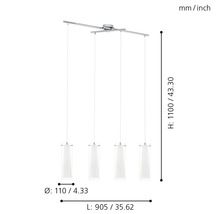Technische Zeichnung einer Pendelleuchte mit vier Lampen und Maßangaben