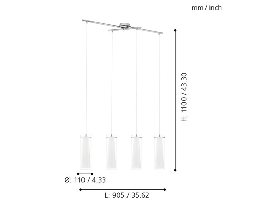 Technische Zeichnung einer Pendelleuchte mit vier Lampen und Maßangaben
