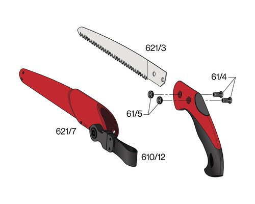 Vue éclatée d''une scie à branches avec lame de scie, poignée, vis et housse de protection