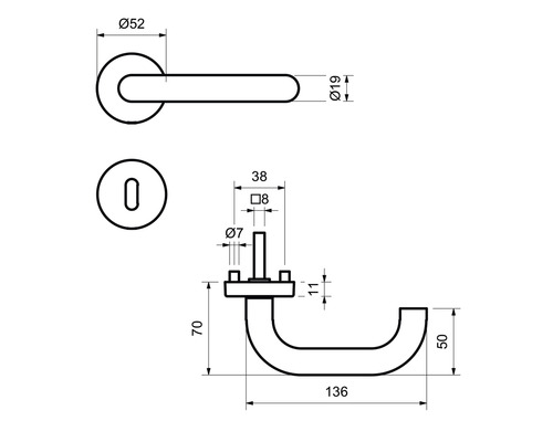 Technische Zeichnung eines Türdrückers mit Maßen