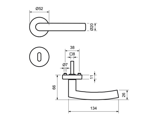 Technische Zeichnung einer Türgriffgarnitur mit Maßangaben