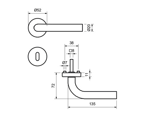 Technische Zeichnung einer Türklinke mit Maßangaben in Millimetern