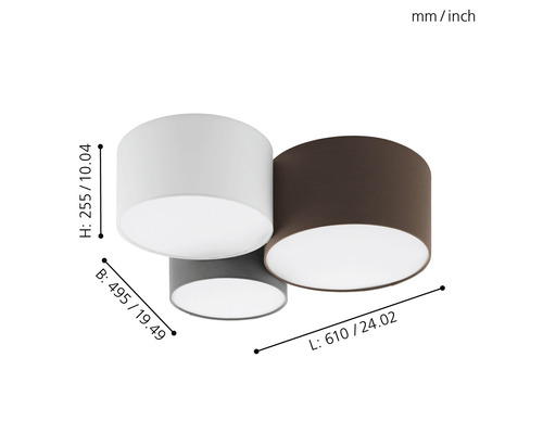 Plafonnier avec trois abat-jour et indications de taille.