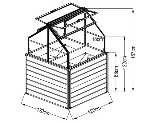 Abbildung eines Hochbeet-Gewächshauses mit Maßangaben.
