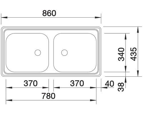 Zeichnung einer Spüle mit Doppelbecken und Maßangaben