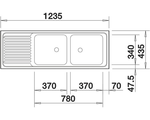 Zeichnung einer Spüle mit Abmessungen.