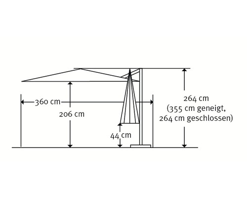 Maße eines Sonnenschirms: 360 cm breit, 206 cm hoch, 264 cm Gesamthöhe