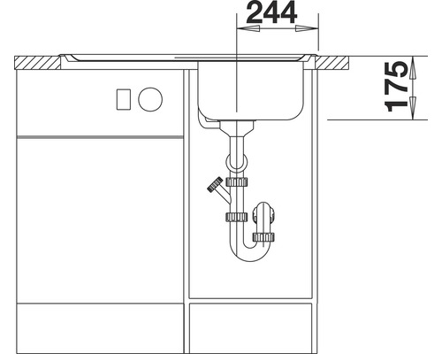 Zeichnung eines Spülbeckens mit Abmessungen
