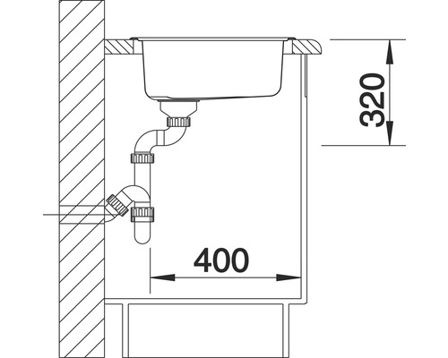 Skizze eines Spültischs mit Abmessungen 320 und 400 mm.