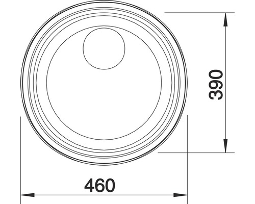 Zeichnung eines runden Waschbeckens mit den Maßen 460 mal 390 Millimeter