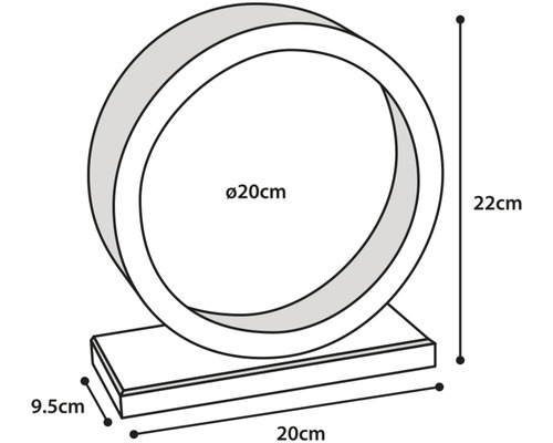 Produktzeichnung eines runden Spiegels mit Sockel und Maßangaben