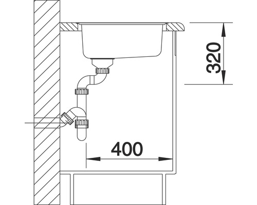 Schéma d''un évier avec des tuyaux d''évacuation et des indications de taille