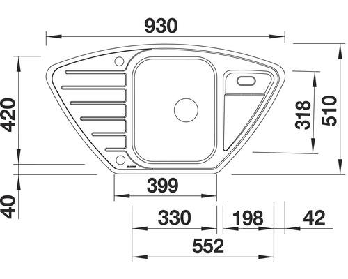 Technische Zeichnung einer Spüle mit Maßangaben