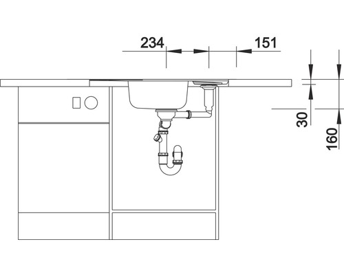 Technische Zeichnung einer Spüle mit Unterschrank und Maßangaben