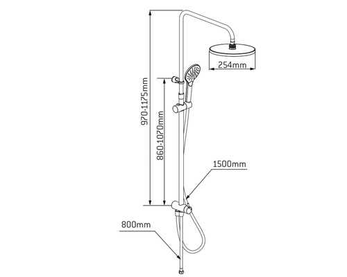 Technische Zeichnung einer Duscharmatur mit Maßangaben.