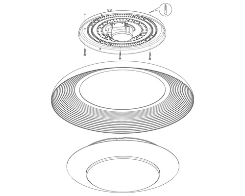 Explosionszeichnung einer Deckenleuchte mit Montagematerial