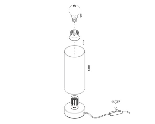 Explosionszeichnung einer Tischleuchte mit Zylinderform und Ein- und Ausschalter