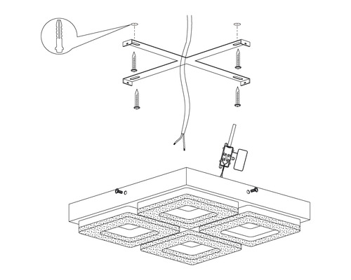 Montageanleitung für eine Deckenleuchte mit Schrauben, Dübeln und Anschlussklemmen