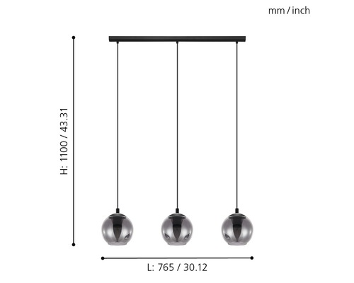 Suspension avec trois boules en verre et indications de dimensions