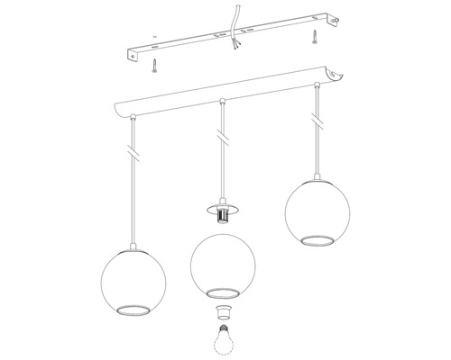 Schéma éclaté d''une suspension à trois lampes avec matériel d''installation