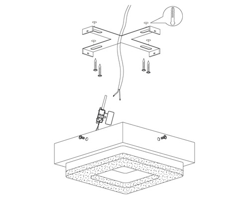 Montageanleitung für eine Deckenleuchte mit Montagehalterung, Schrauben und Dübel.