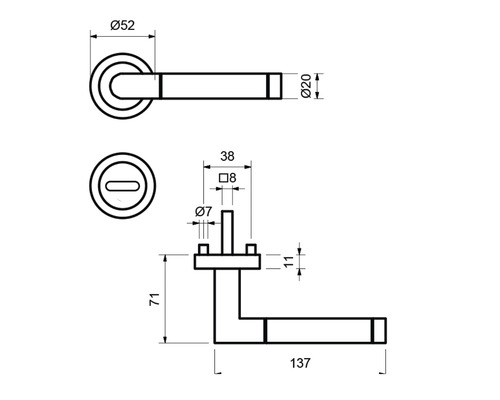 Technische Zeichnung einer Türklinke mit Maßangaben