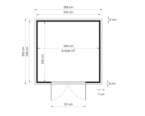 Grundrisszeichnung mit Massangaben für ein Gartenhaus