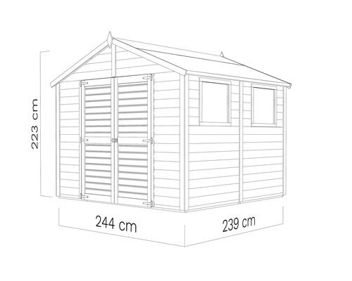 Abbildung eines Gartenhauses mit den Maßen 223 cm Höhe, 244 cm Breite und 239 cm Tiefe.