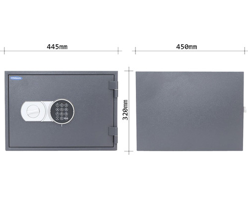 Abbildung eines Tresors mit den Maßen 445 mal 320 mal 450 Millimeter.