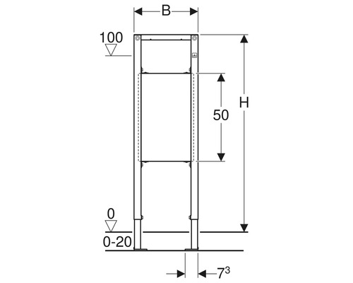 Technische Zeichnung eines Installationsrahmens mit Maßangaben