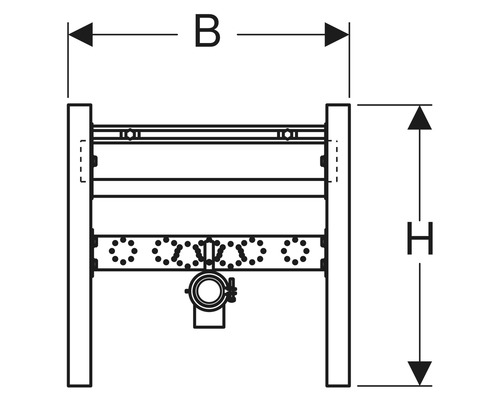 Schéma technique d''un bâti-support avec indication de la largeur et de la hauteur.