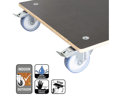 Rollbrett mit Bremse, geeignet für Innen- und Aussenbereiche, wasserabweisend und mit rutschfester Oberfläche