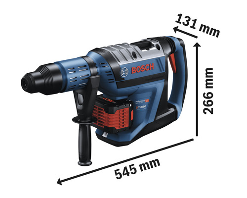 Marteau perforateur Bosch avec des dimensions de 545 mm de longueur, 131 mm de largeur et 266 mm de hauteur.