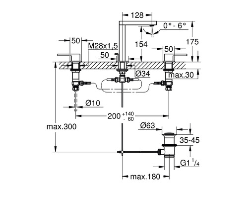 Dessin technique d''un robinet de lavabo avec cotes