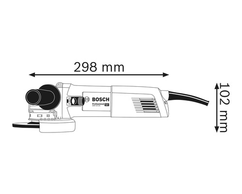 Illustration d''une meuleuse d''angle avec les dimensions 298 millimètres de longueur et 102 millimètres de hauteur.