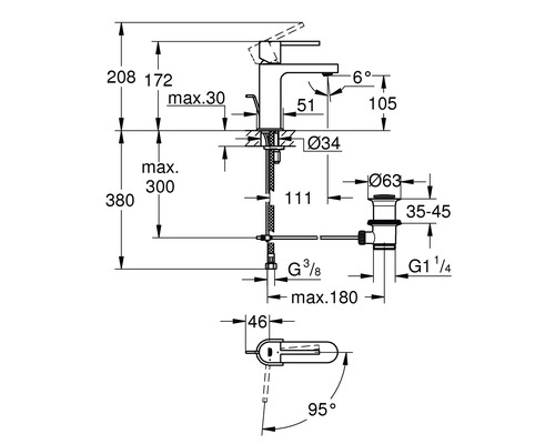 Schéma technique d''un robinet avec indications de dimension