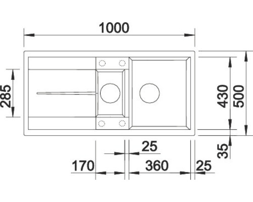 Zeichnung einer Küchenspüle mit Maßangaben