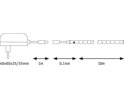 Abbildung einer LED-Leiste mit den Maßen 40x60x25/35 mm, 1 m, 0,14 m und 10 m.