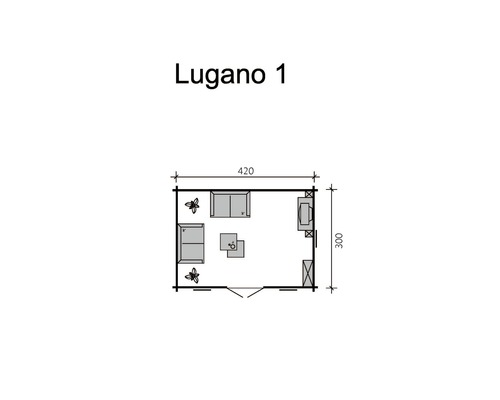 Plan Lugano 1 abri de jardin avec meubles, 420 sur 300 centimètres