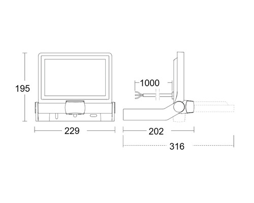 Schéma technique d''une applique murale LED mesurant 195 x 229 x 202 mm