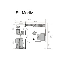 Plan de St. Moritz avec dimensions pour salle de bain, cuisine et salon